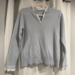 Sioni Sky Blue V-Neck Sweater with Lace Detail